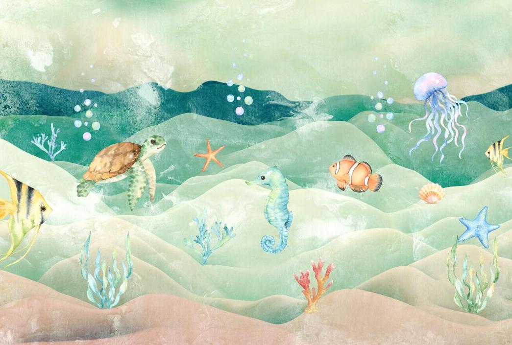 Papier peint chambre bébé poissons et fond marin