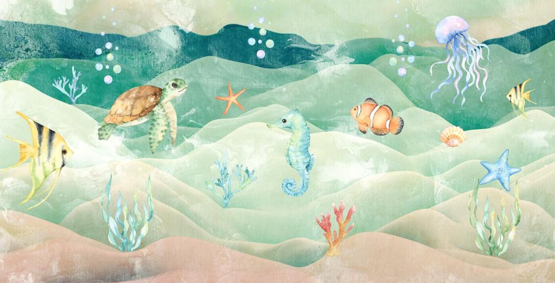 Papier peint chambre bébé poissons et fond marin
