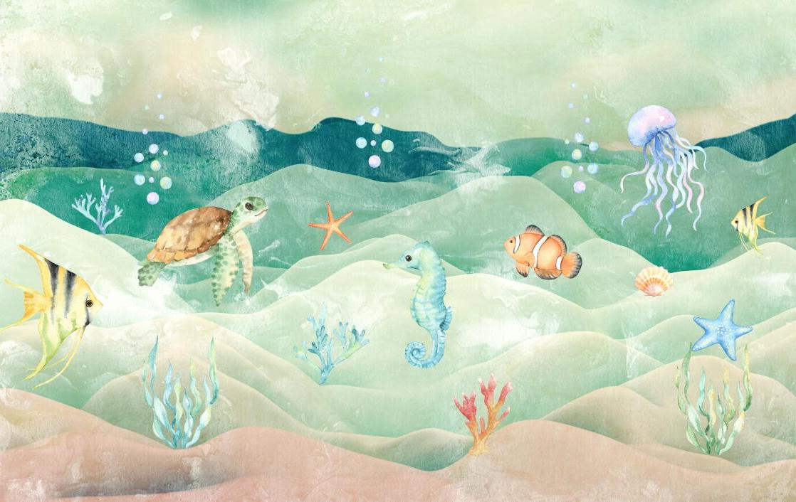 Papier peint chambre bébé poissons et fond marin