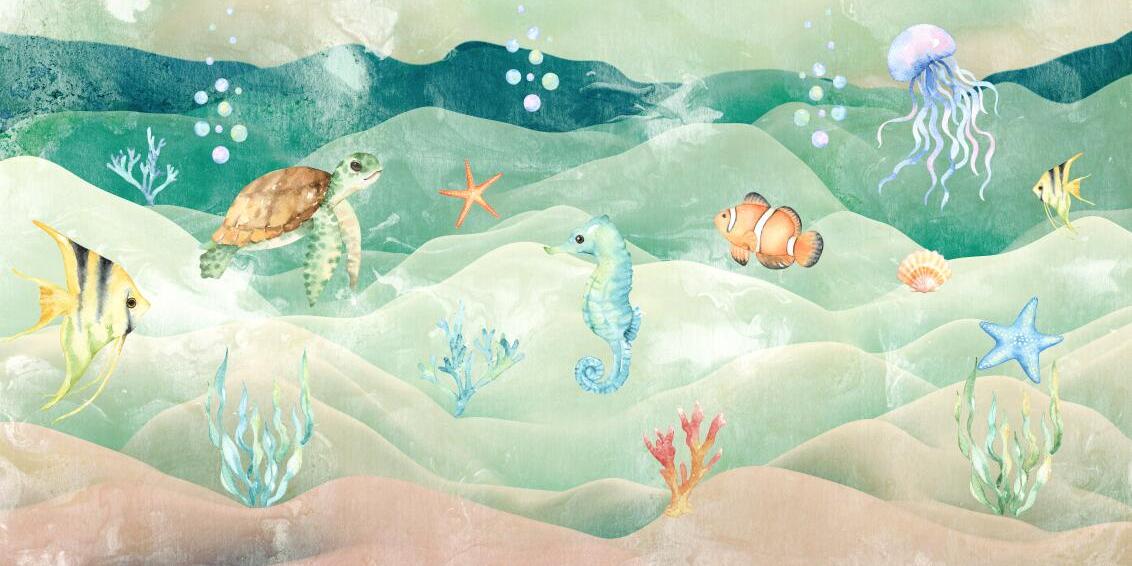 Papier peint chambre bébé poissons et fond marin