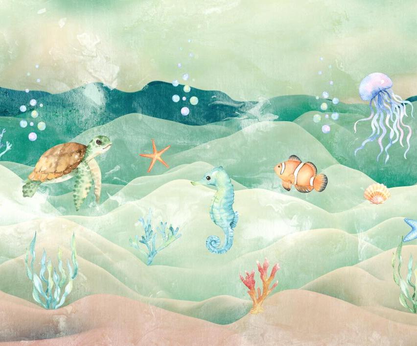Papier peint chambre bébé poissons et fond marin