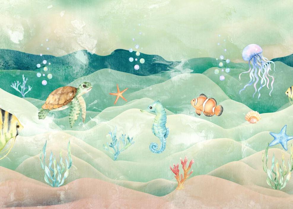 Papier peint chambre bébé poissons et fond marin