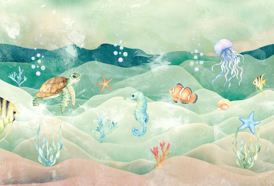 Papier peint chambre bébé poissons et fond marin