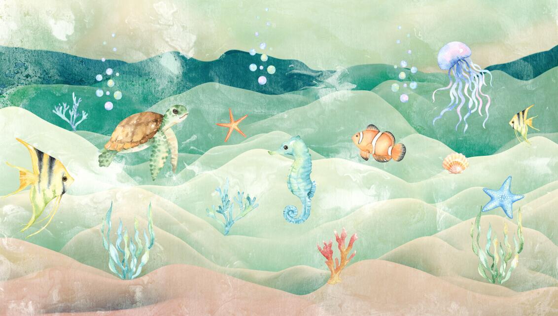 Papier peint chambre bébé poissons et fond marin