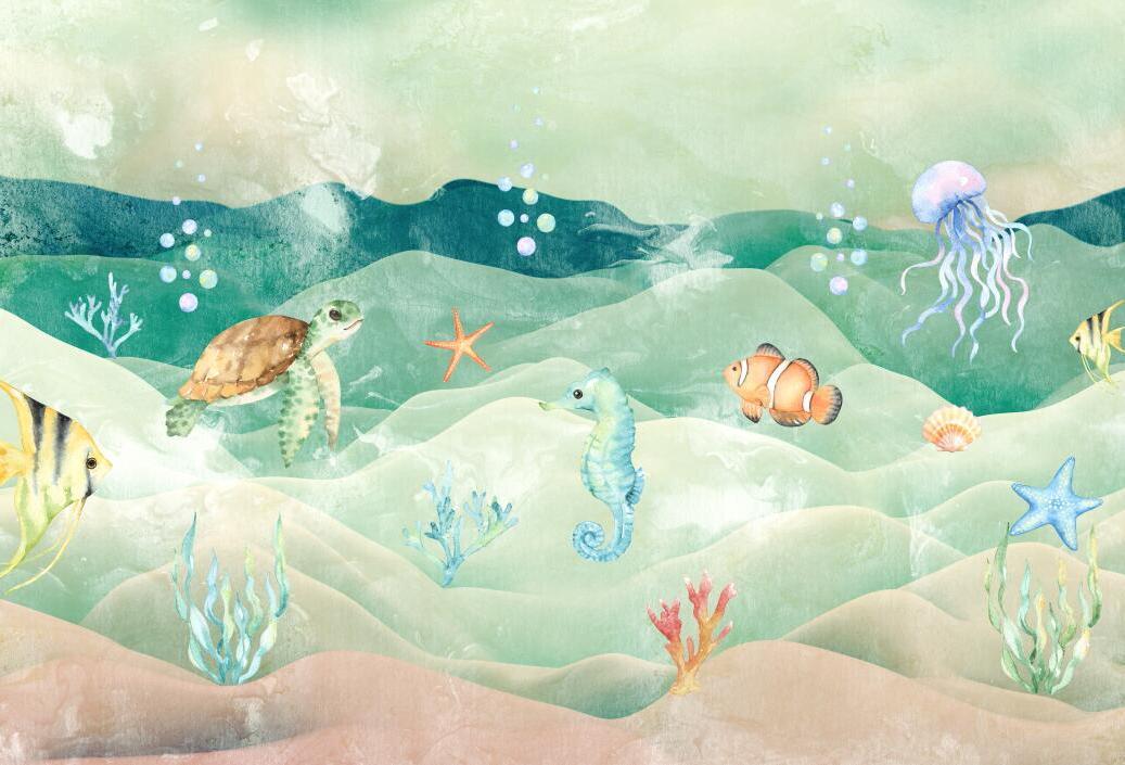 Papier peint chambre bébé poissons et fond marin