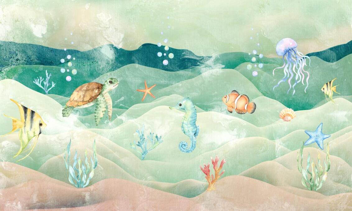Papier peint chambre bébé poissons et fond marin