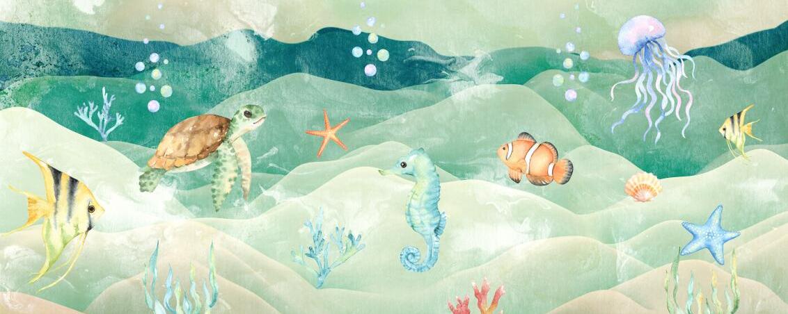 Papier peint chambre bébé poissons et fond marin