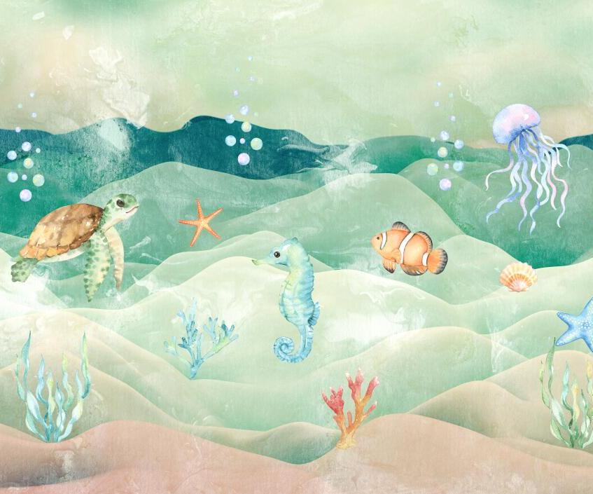 Papier peint chambre bébé poissons et fond marin