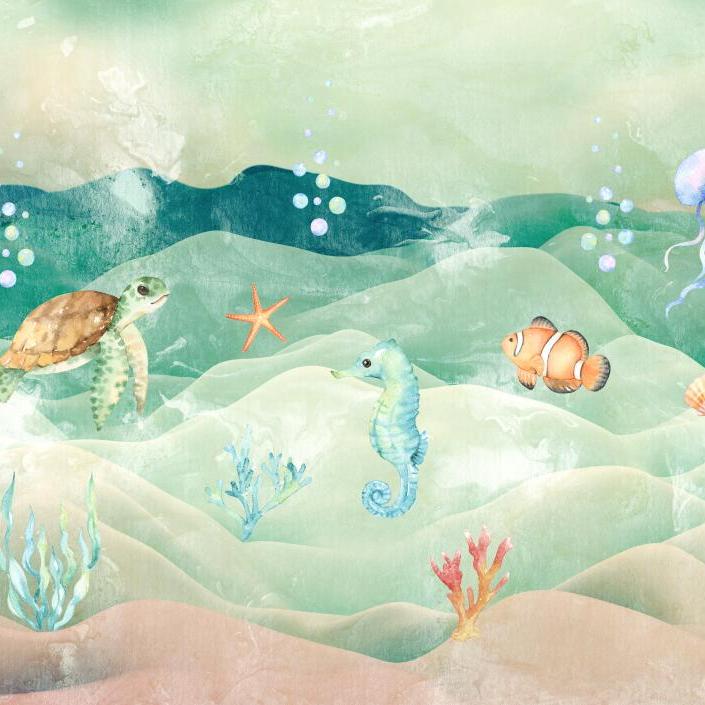 Papier peint chambre bébé poissons et fond marin