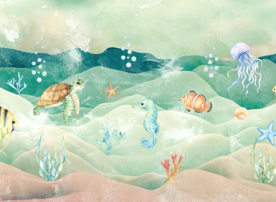 Papier peint chambre bébé poissons et fond marin