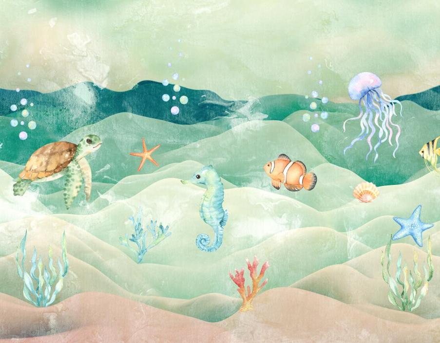 Papier peint chambre bébé poissons et fond marin