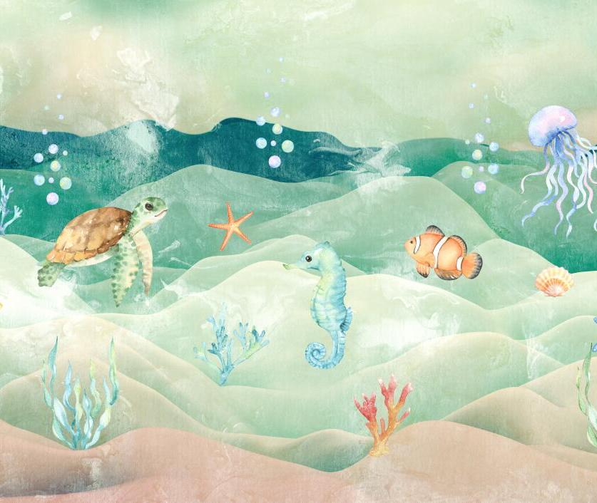 Papier peint chambre bébé poissons et fond marin