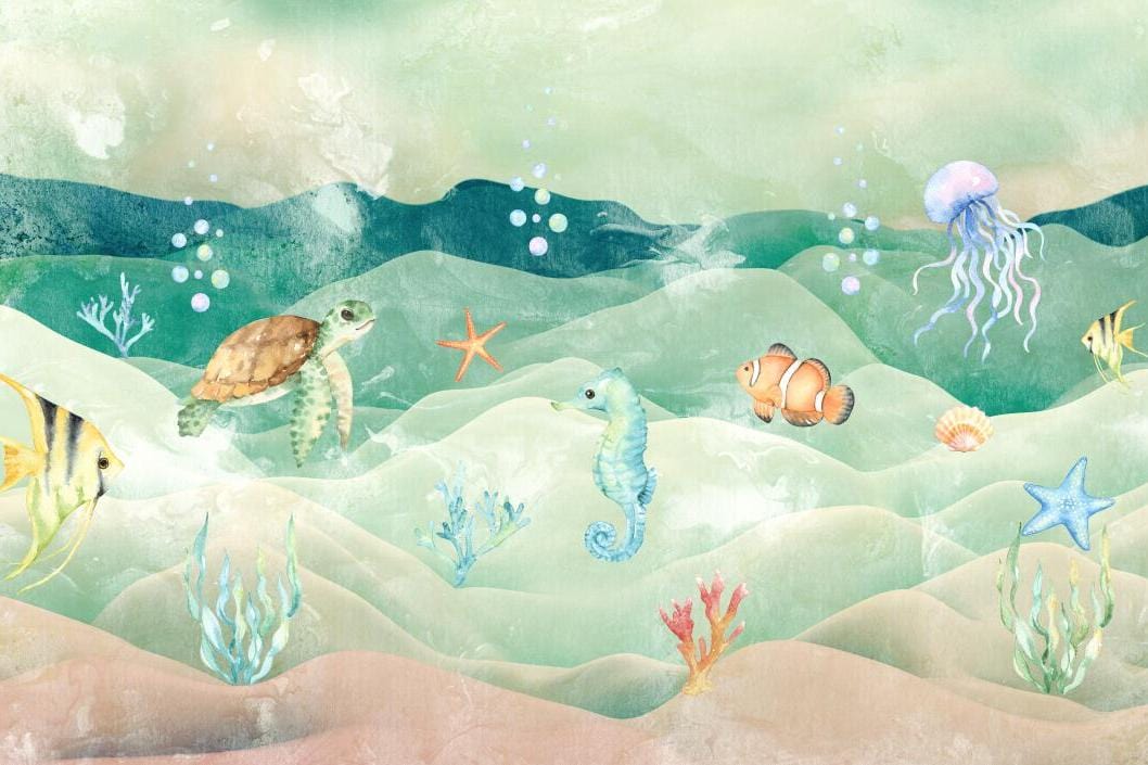 Papier peint chambre bébé poissons et fond marin