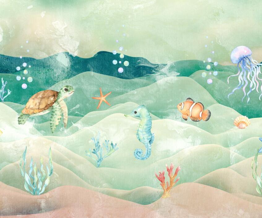 Papier peint chambre bébé poissons et fond marin