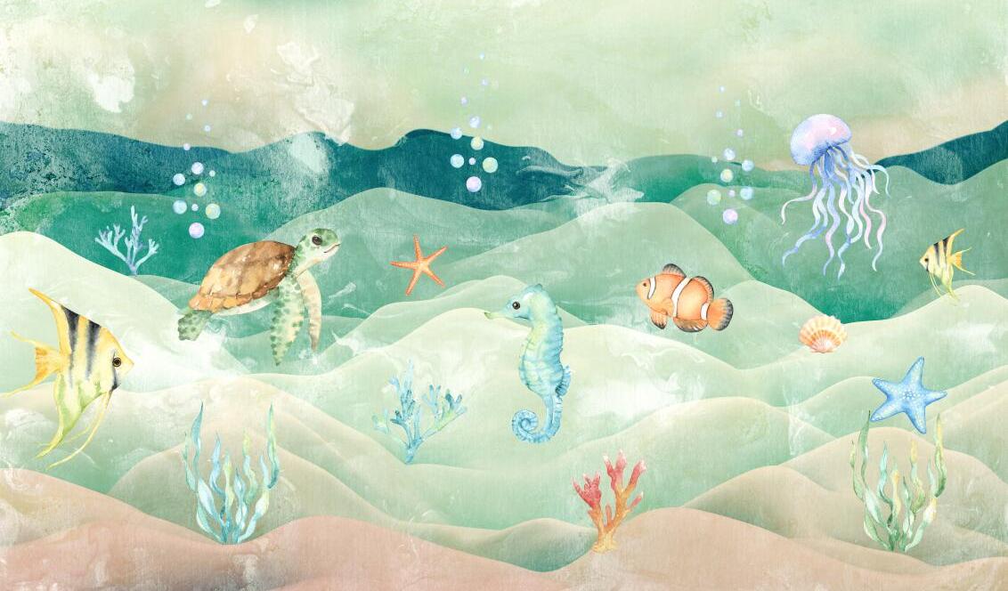 Papier peint chambre bébé poissons et fond marin