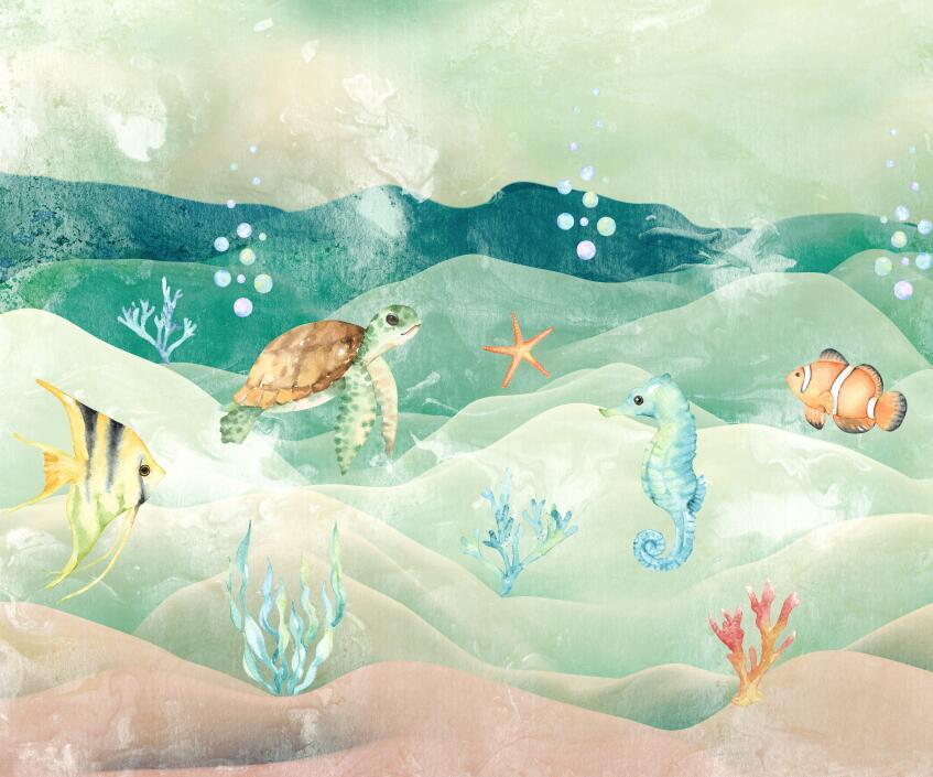 Papier peint chambre bébé poissons et fond marin