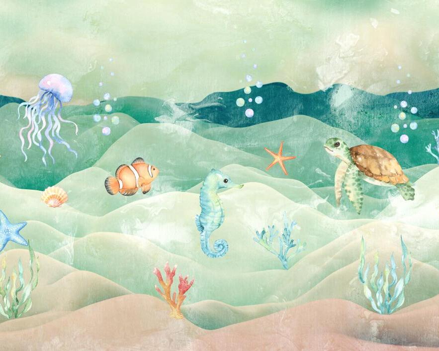 Papier peint chambre bébé poissons et fond marin