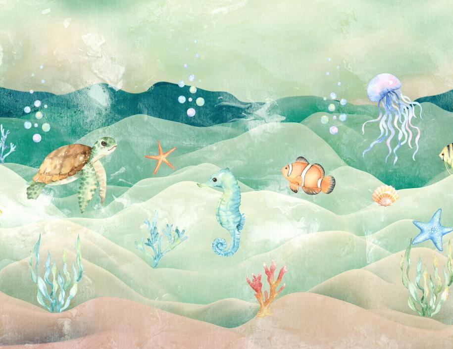 Papier peint chambre bébé poissons et fond marin
