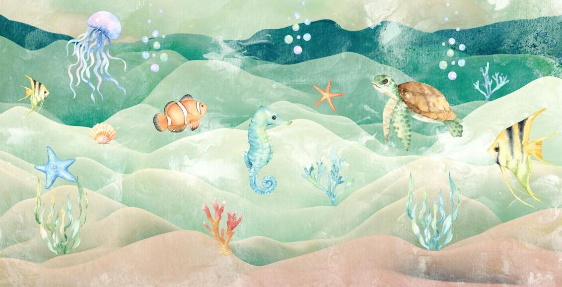 Papier peint chambre bébé poissons et fond marin
