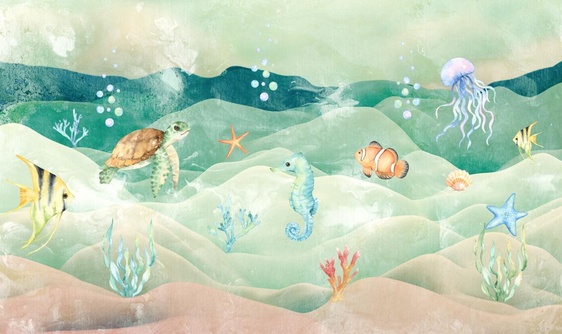 Papier peint chambre bébé poissons et fond marin