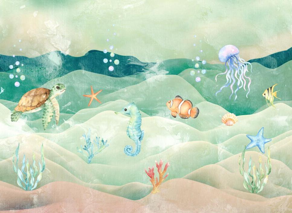 Papier peint chambre bébé poissons et fond marin