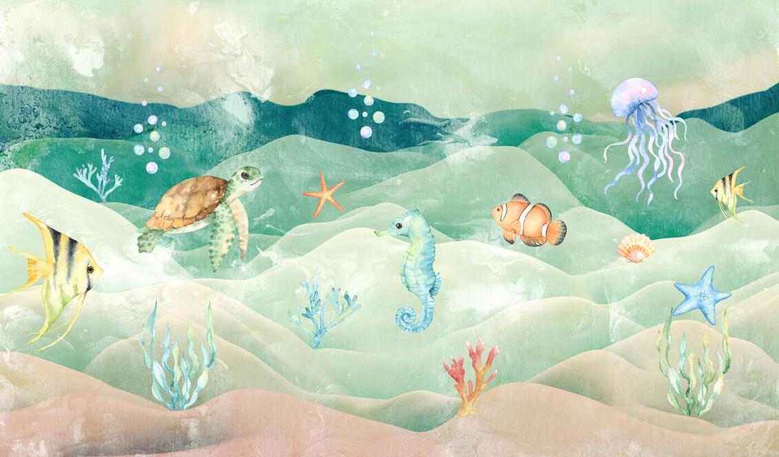 Papier peint chambre bébé poissons et fond marin