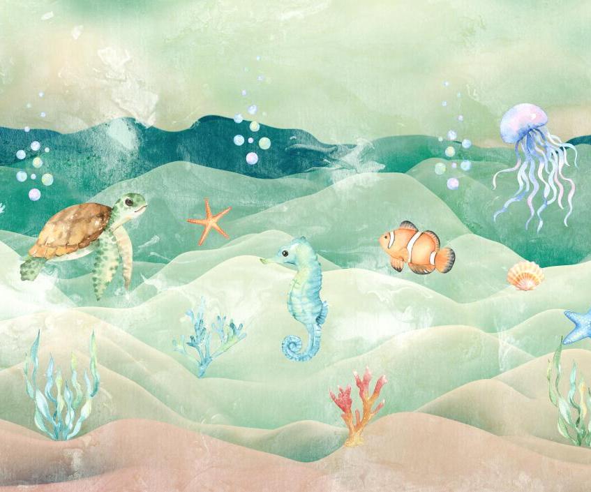 Papier peint chambre bébé poissons et fond marin