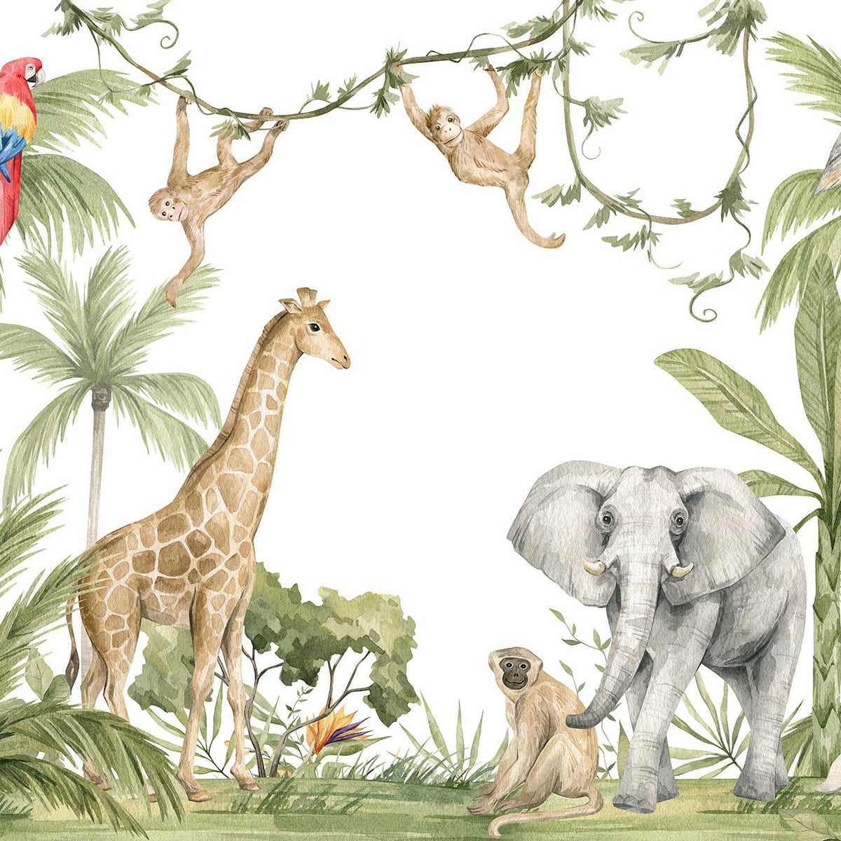Papier peint jungle enfant girafe et éléphant