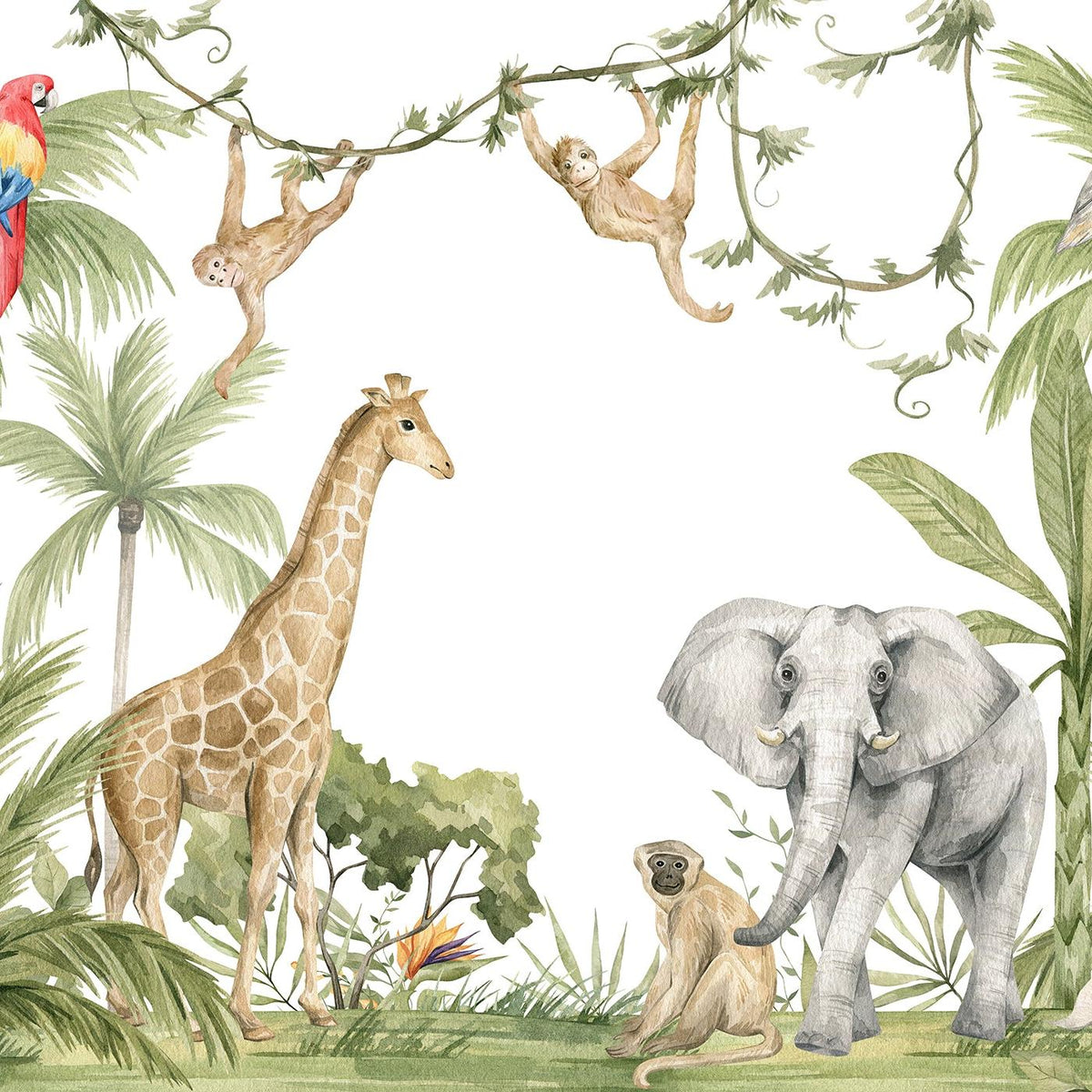 Papier peint jungle enfant girafe et éléphant