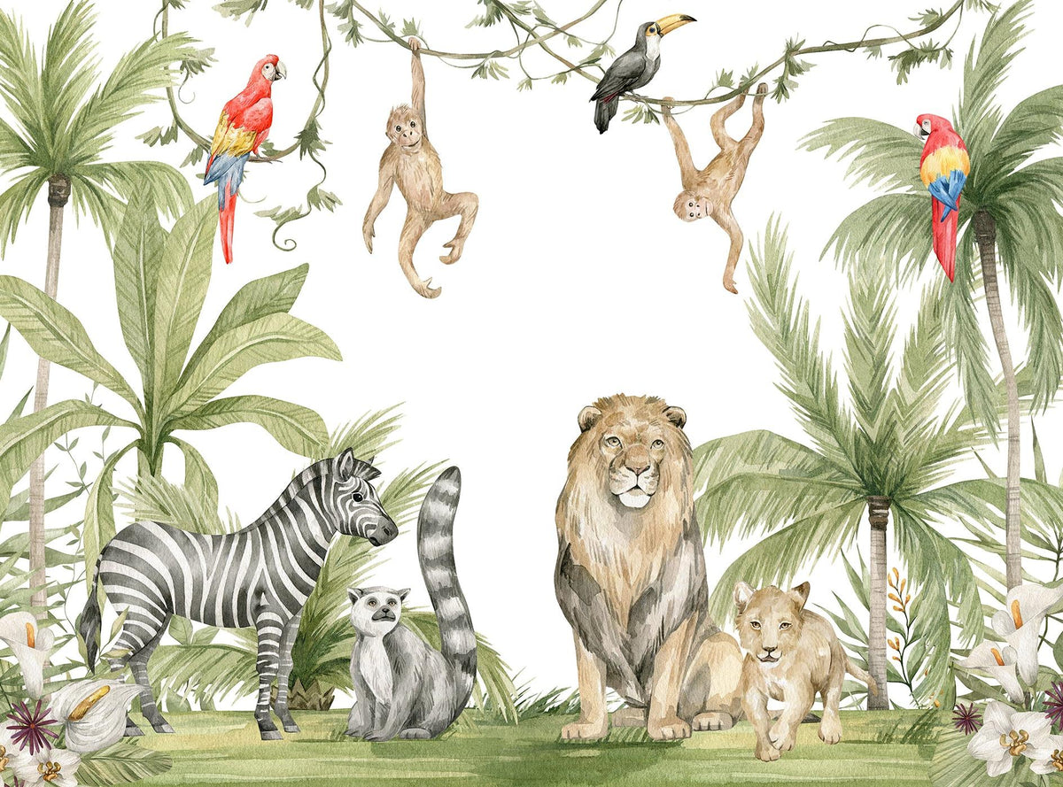 Papier peint jungle enfant zèbre lion singe