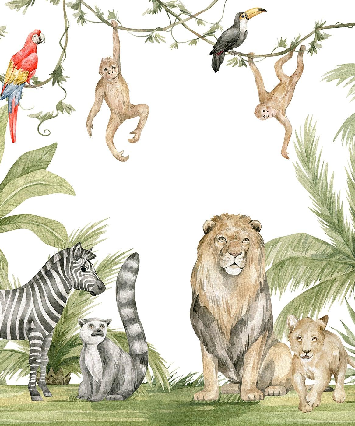 Papier peint jungle enfant zèbre lion singe