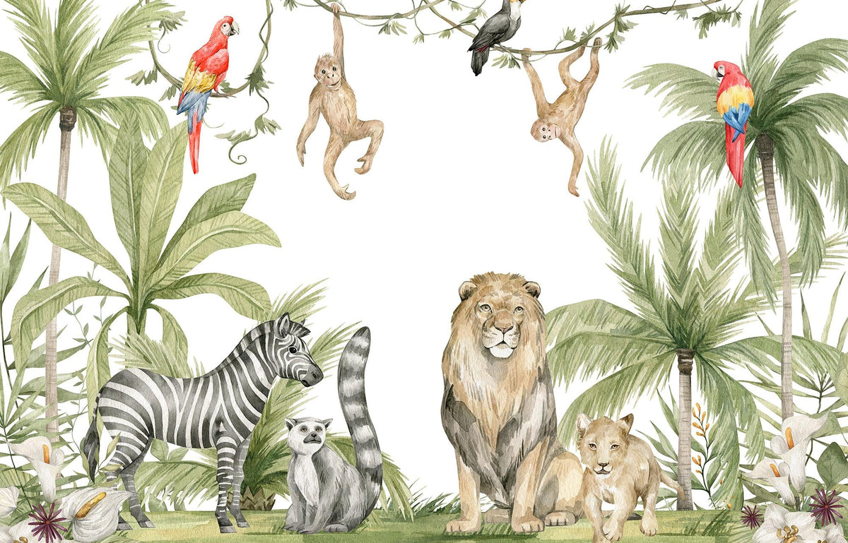 Papier peint jungle enfant zèbre lion singe