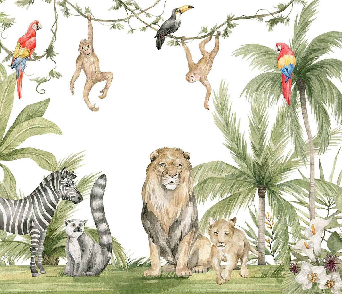 Papier peint jungle enfant zèbre lion singe