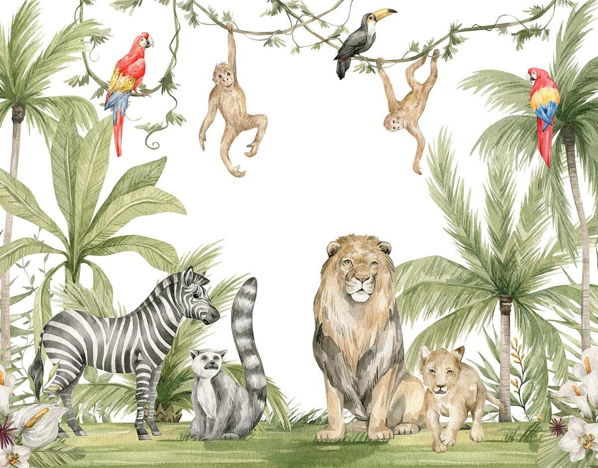 Papier peint jungle enfant zèbre lion singe