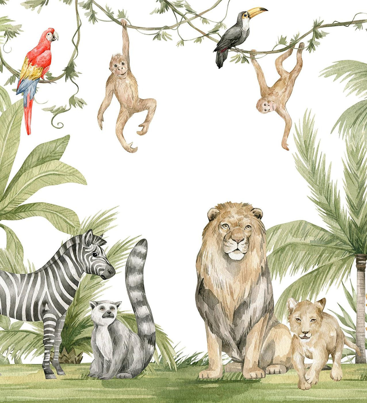 Papier peint jungle enfant zèbre lion singe