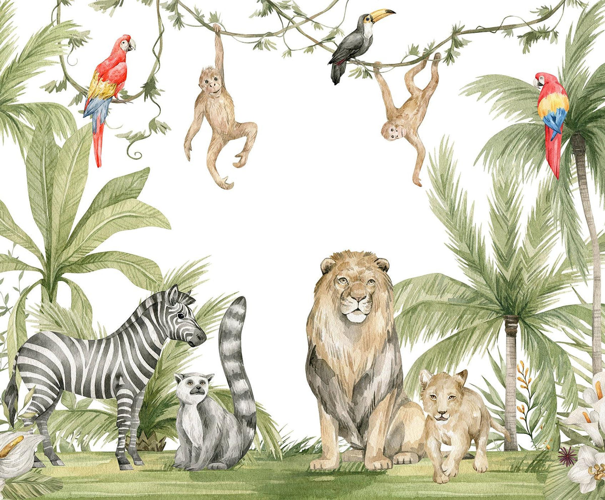 Papier peint jungle enfant zèbre lion singe