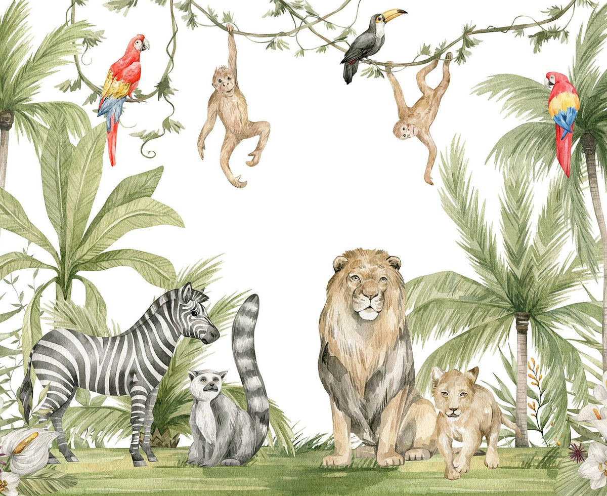 Papier peint jungle enfant zèbre lion singe
