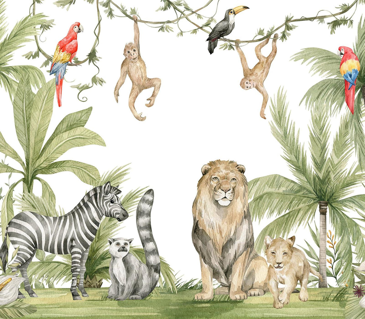 Papier peint jungle enfant zèbre lion singe