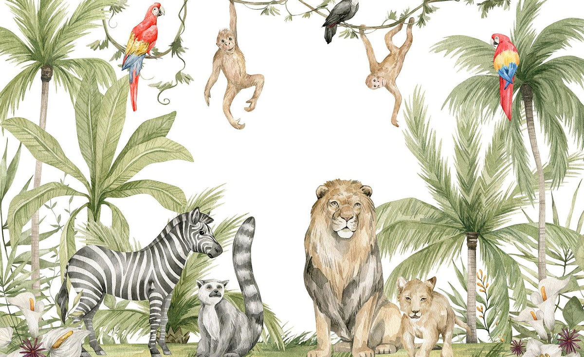 Papier peint jungle enfant zèbre lion singe