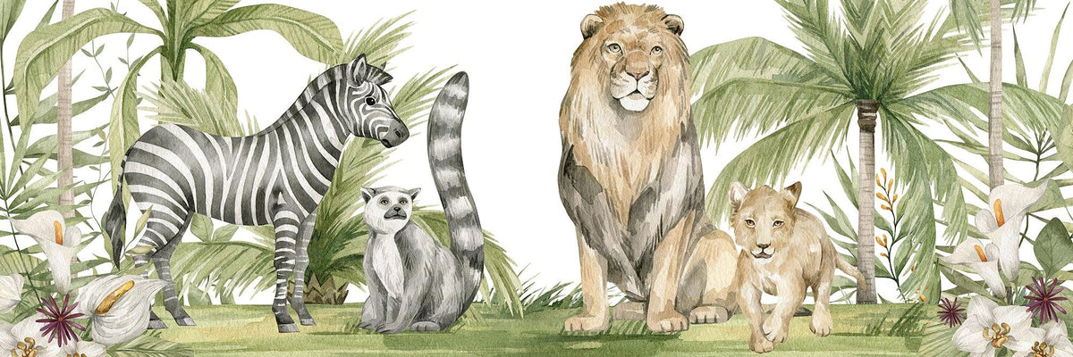 Papier peint jungle enfant zèbre lion singe
