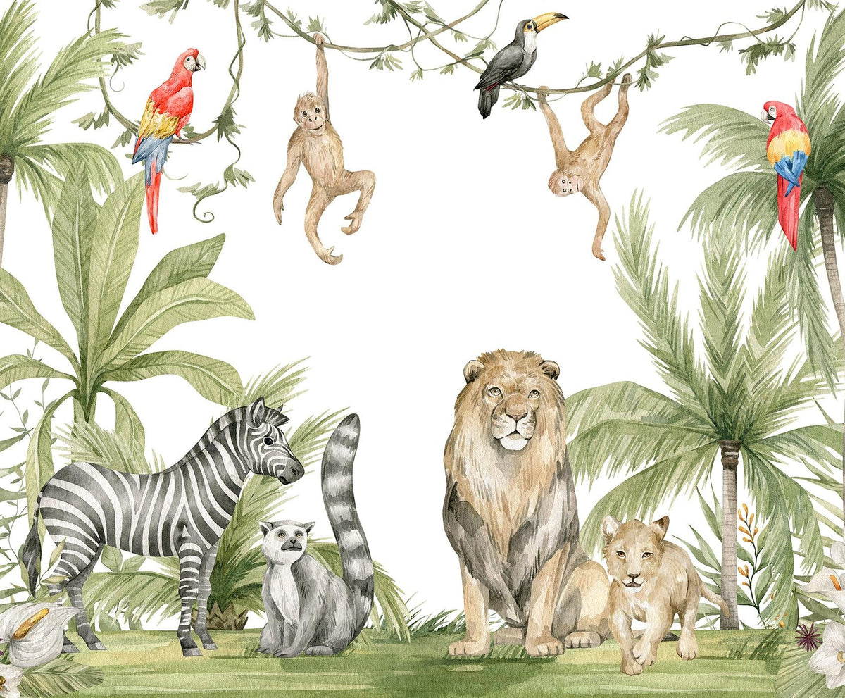 Papier peint jungle enfant zèbre lion singe