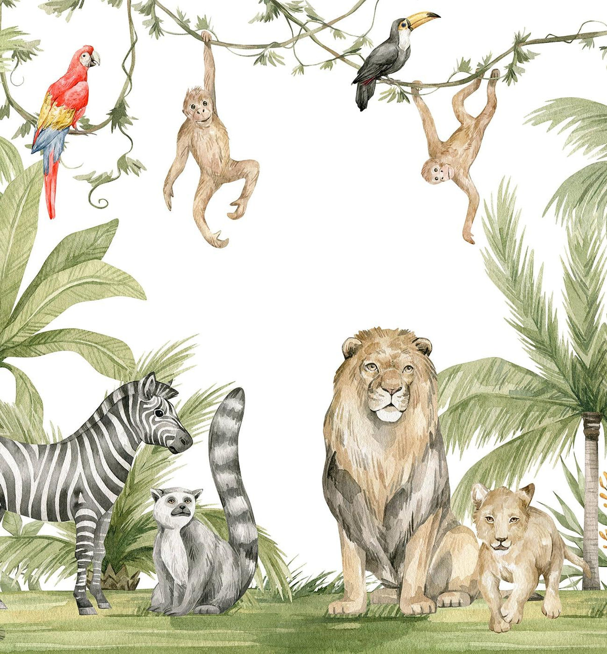 Papier peint jungle enfant zèbre lion singe