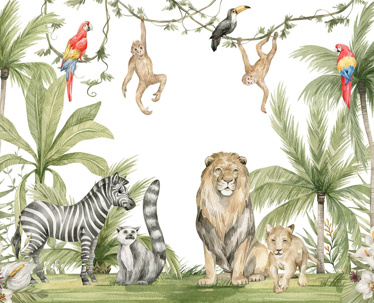 Papier peint jungle enfant zèbre lion singe