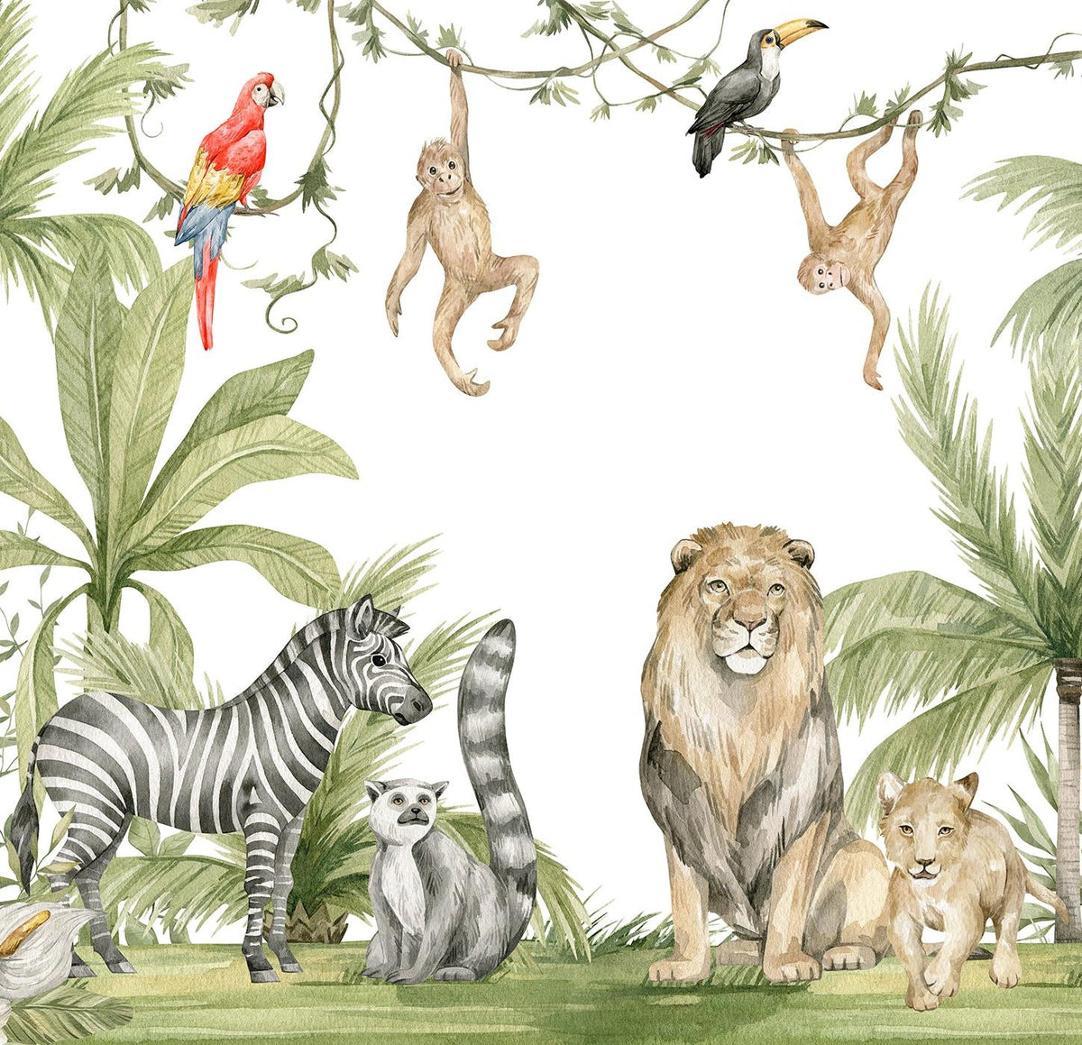Papier peint jungle enfant zèbre lion singe