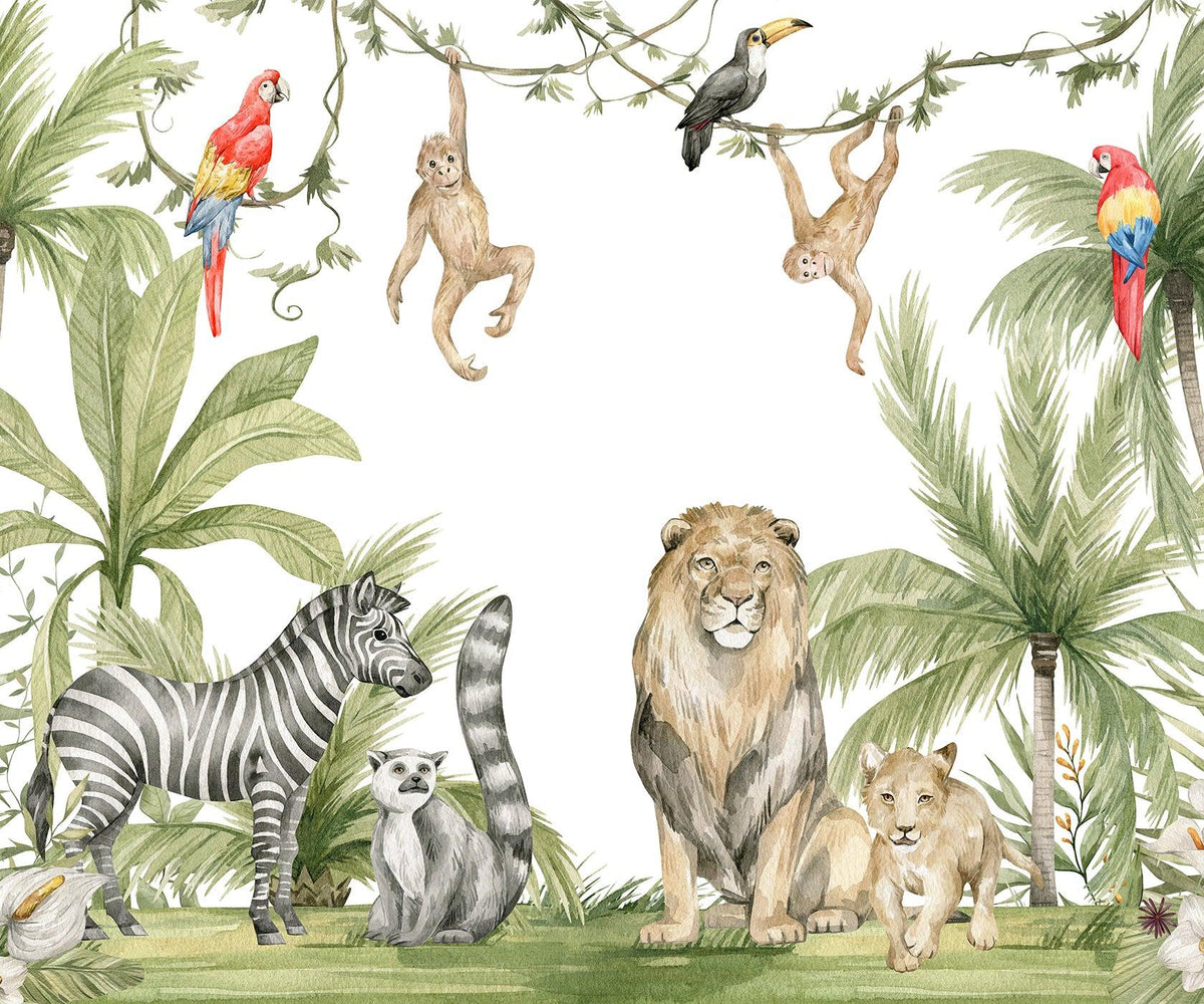 Papier peint jungle enfant zèbre lion singe