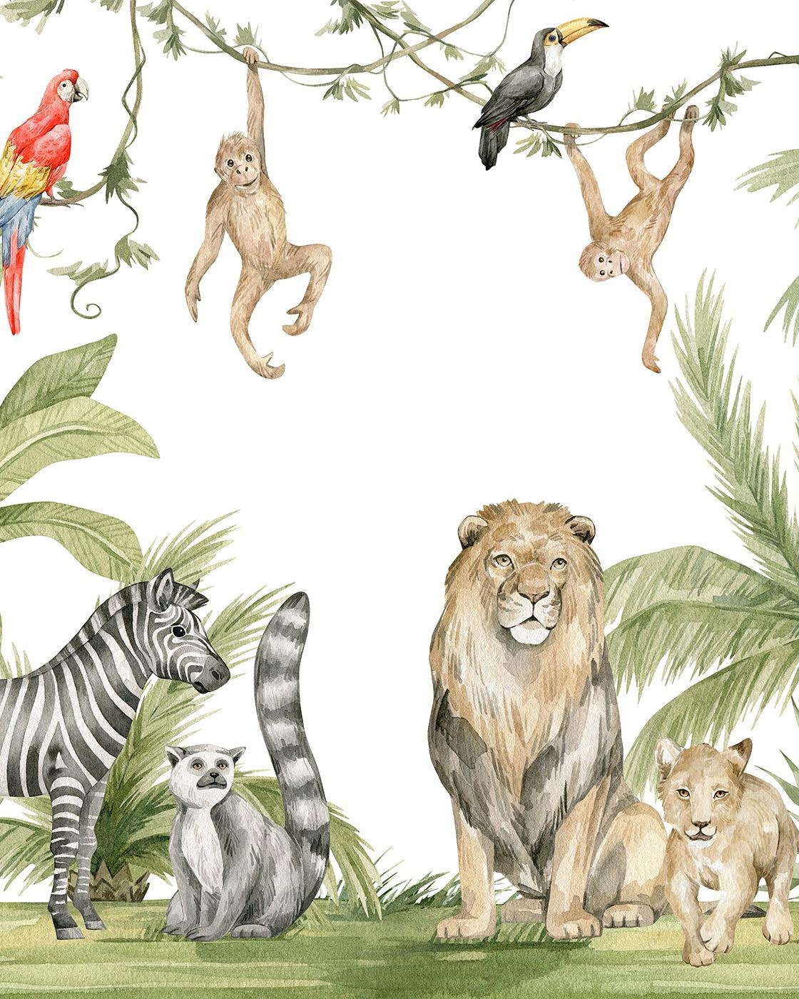 Papier peint jungle enfant zèbre lion singe