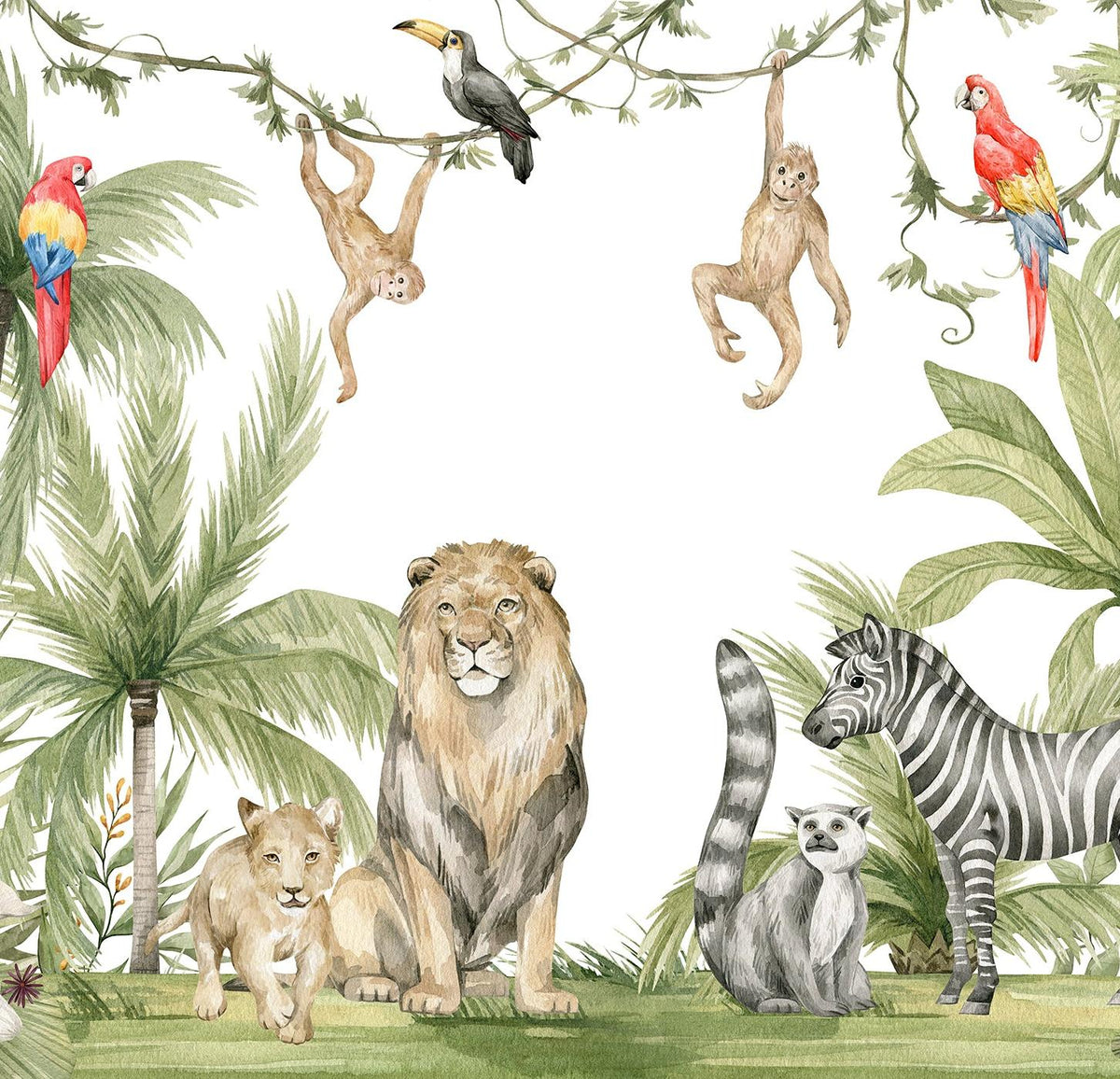Papier peint jungle enfant zèbre lion singe