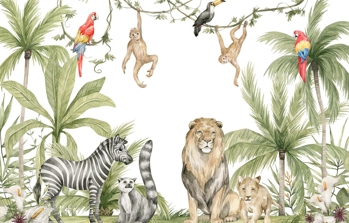 Papier peint jungle enfant zèbre lion singe