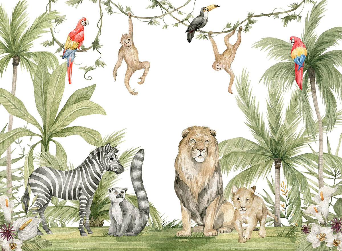 Papier peint jungle enfant zèbre lion singe