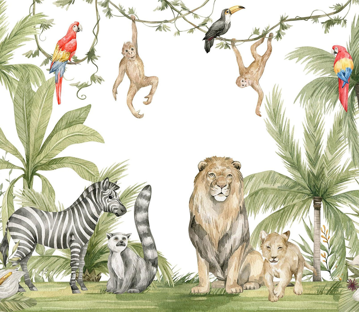 Papier peint jungle enfant zèbre lion singe